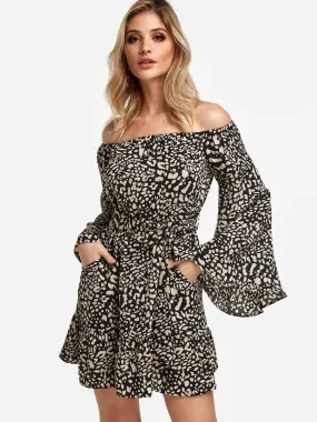 Wholesale Off The Shoulder Long Sleeve Leopard Self-Tie Ruffle Hem Dresses