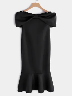 Wholesale Off The Shoulder Plain Bowknot Short Sleeve Flounced Hem Black Dresses