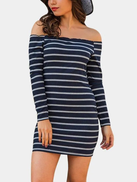 Wholesale Off The Shoulder Stripe Cable Knit Long Sleeve Navy Dress