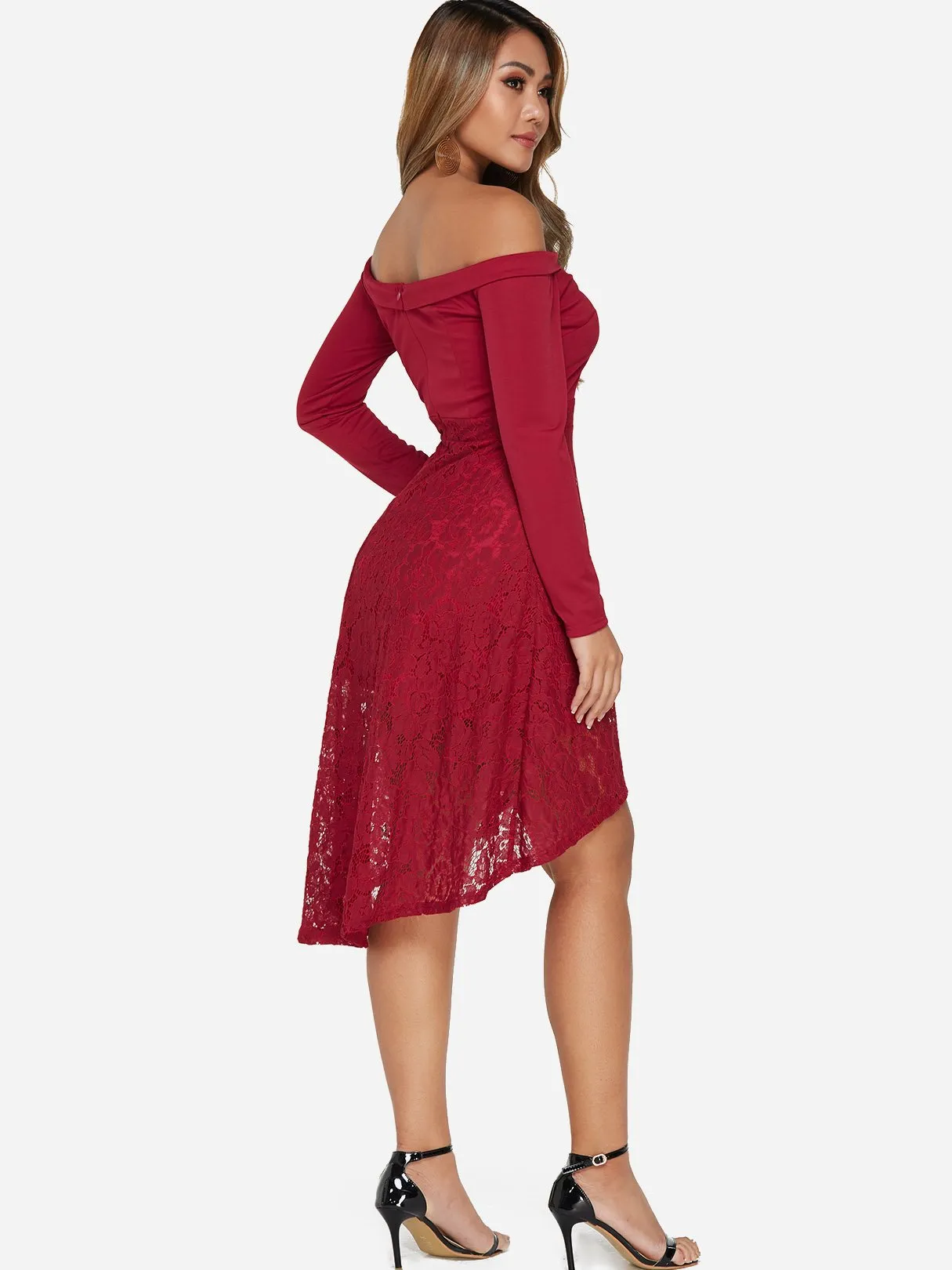 Wholesale Red Off The Shoulder Long Sleeve Lace Irregular Hem Dresses