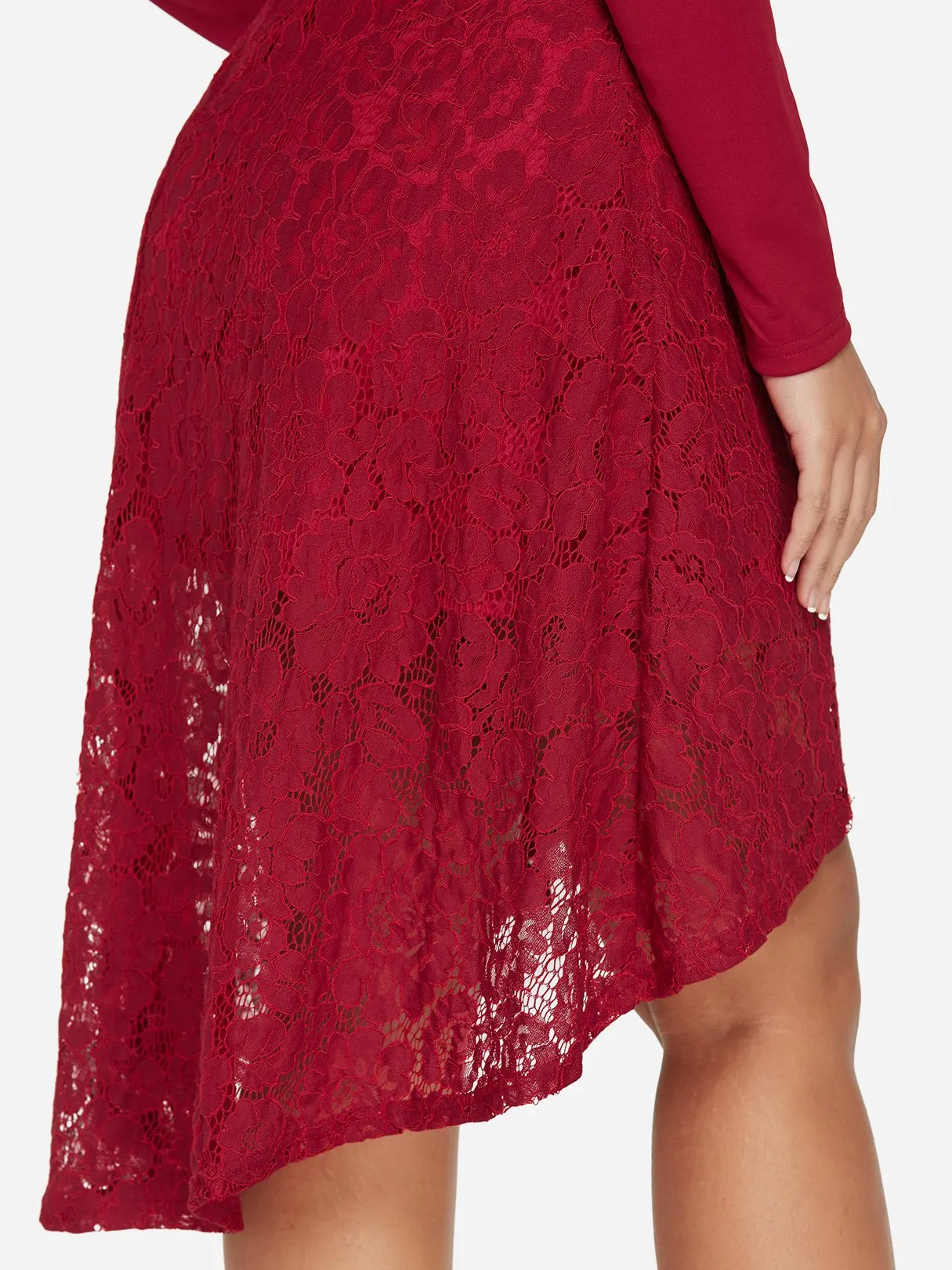 Wholesale Red Off The Shoulder Long Sleeve Lace Irregular Hem Dresses