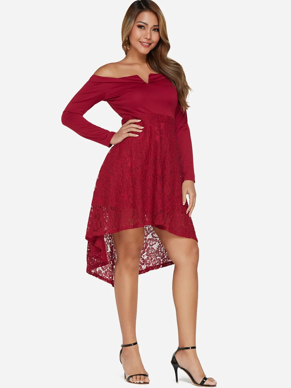 Wholesale Red Off The Shoulder Long Sleeve Lace Irregular Hem Dresses