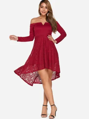 Wholesale Red Off The Shoulder Long Sleeve Lace Irregular Hem Dresses