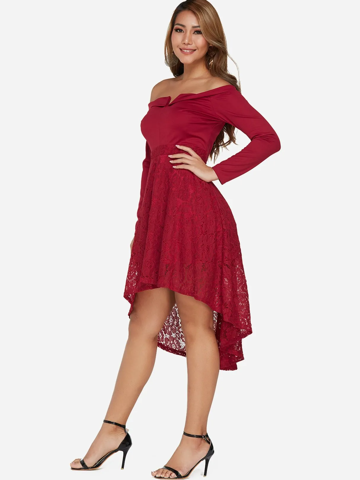 Wholesale Red Off The Shoulder Long Sleeve Lace Irregular Hem Dresses