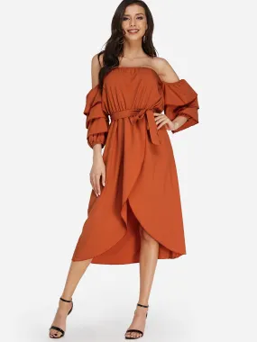 Wholesale Red Off The Shoulder Long Sleeve Plain Belt Self-Tie Irregular Hem Dresses