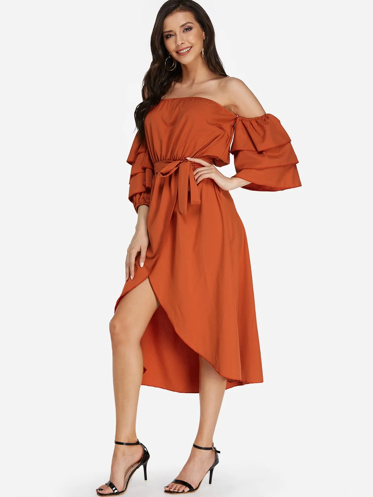 Wholesale Red Off The Shoulder Long Sleeve Plain Belt Self-Tie Irregular Hem Dresses