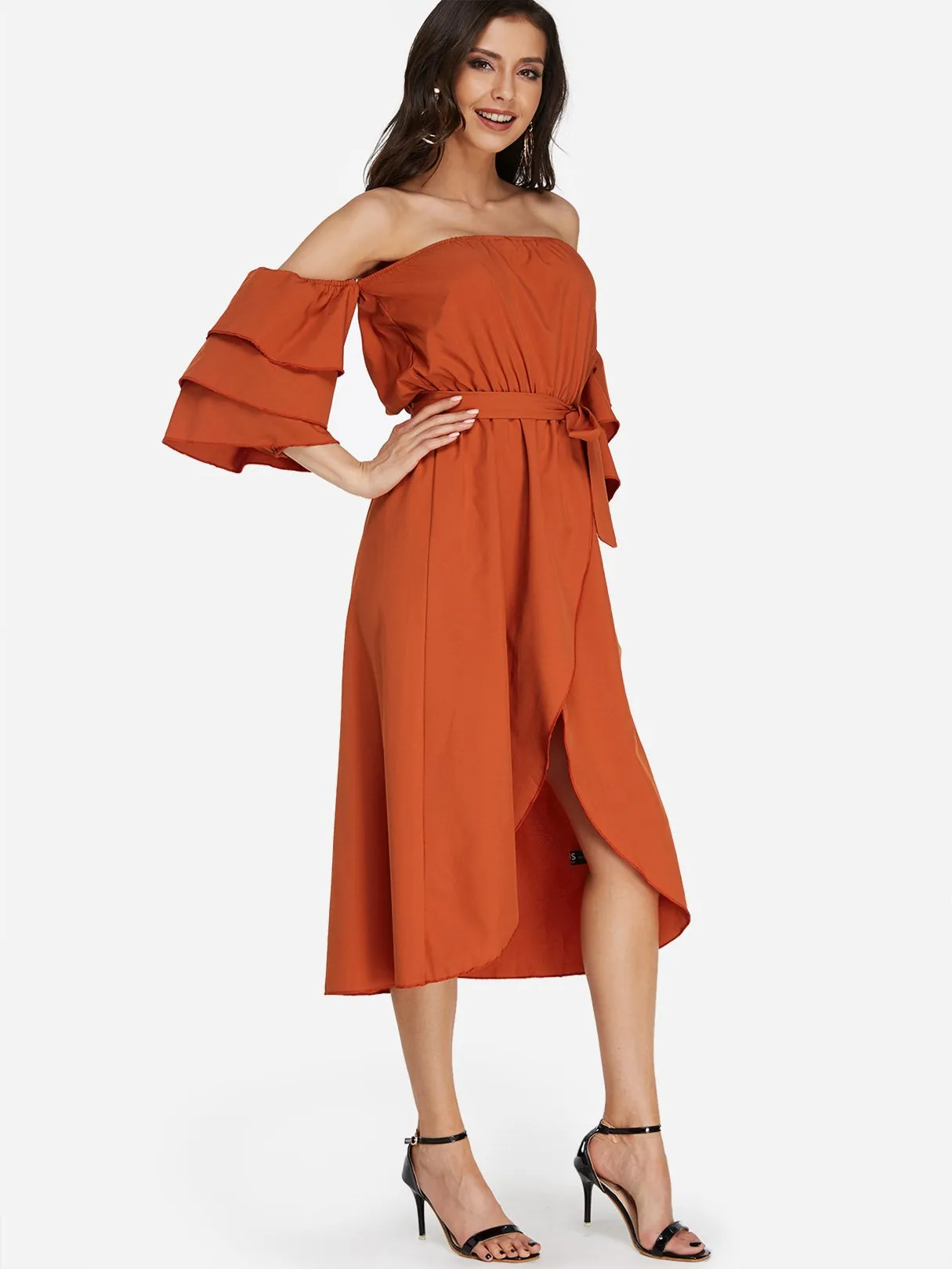 Wholesale Red Off The Shoulder Long Sleeve Plain Belt Self-Tie Irregular Hem Dresses