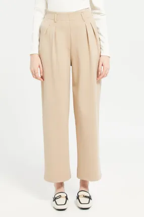 Women Beige High Waist Plain Trouser