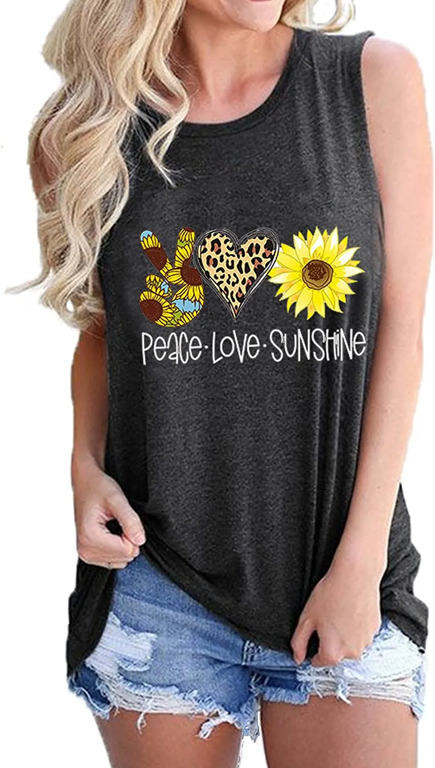 Women Peace Love Sunflowers Tank Tops Sunshine Shirt