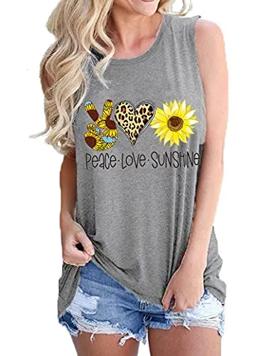 Women Peace Love Sunflowers Tank Tops Sunshine Shirt