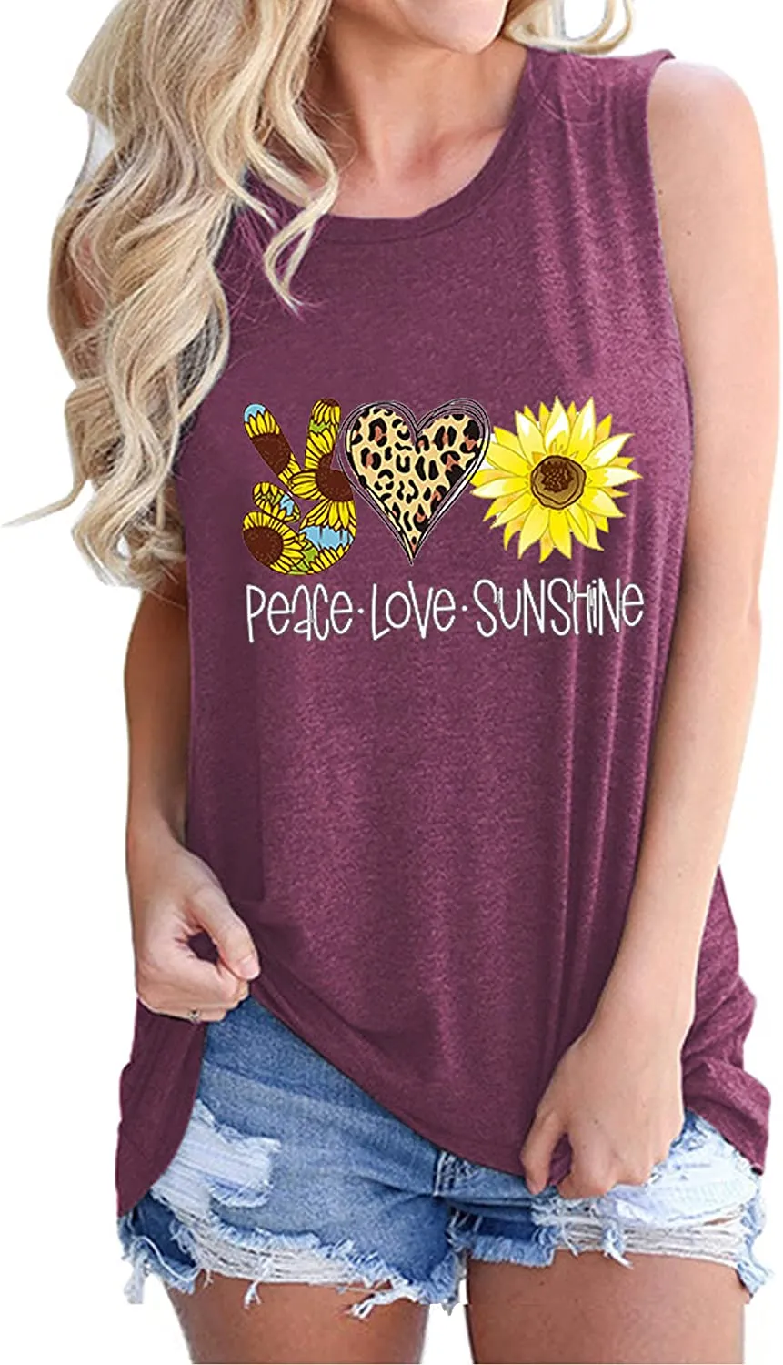 Women Peace Love Sunflowers Tank Tops Sunshine Shirt