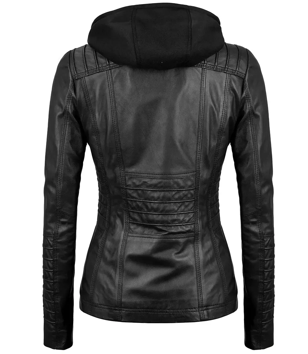 Womens Black Hooded Leather Jacket