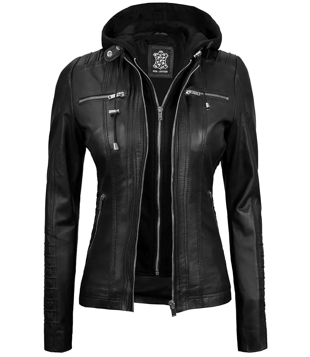 Womens Black Hooded Leather Jacket