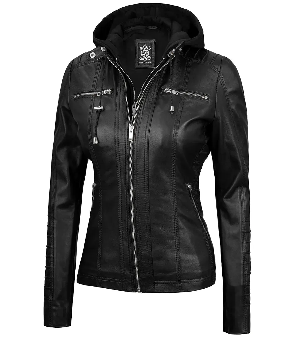 Womens Black Hooded Leather Jacket