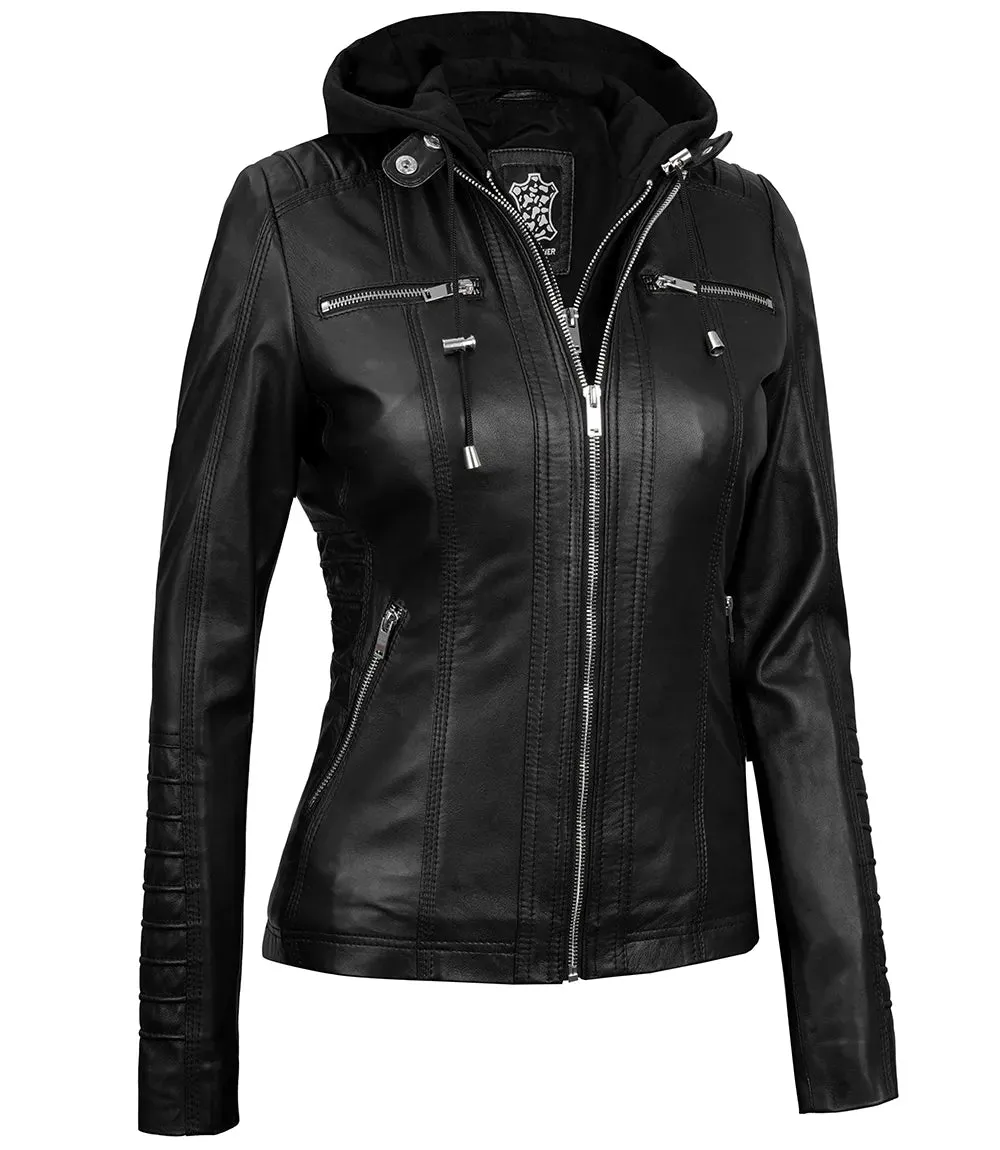 Womens Black Hooded Leather Jacket