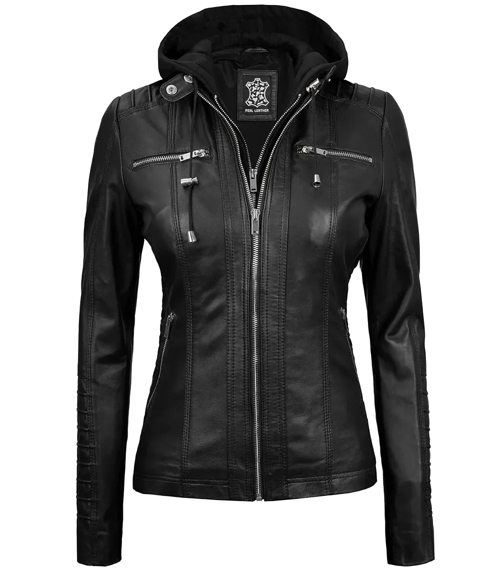 Womens Black Hooded Leather Jacket