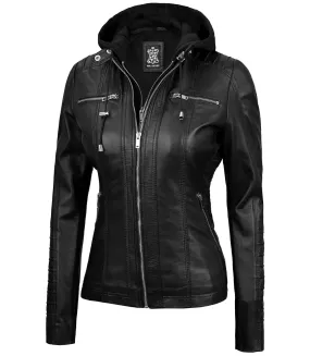 Womens Black Hooded Leather Jacket