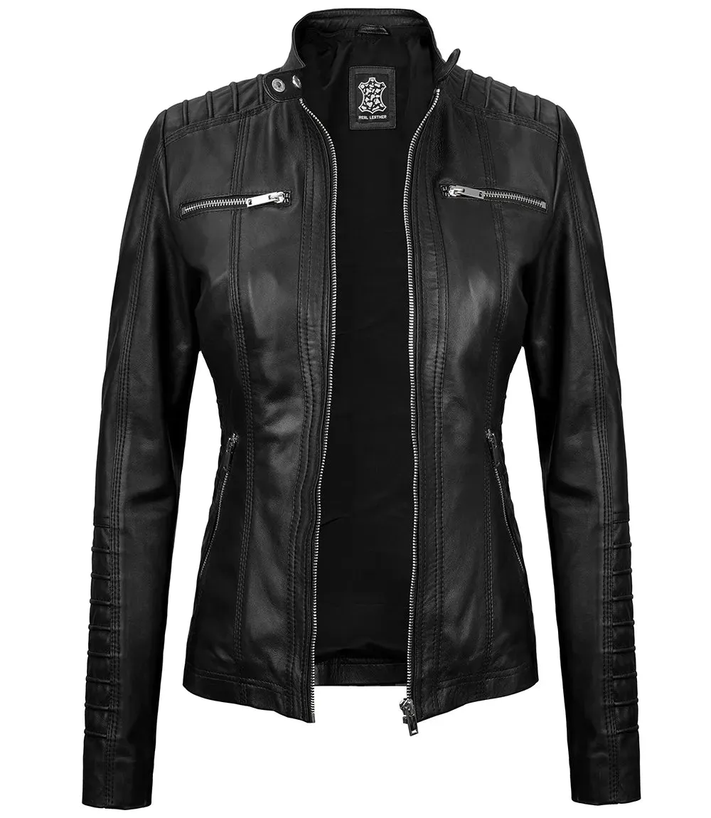 Womens Black Hooded Leather Jacket