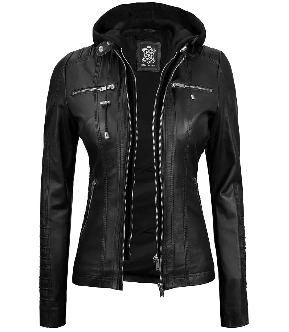 Womens Black Hooded Leather Jacket