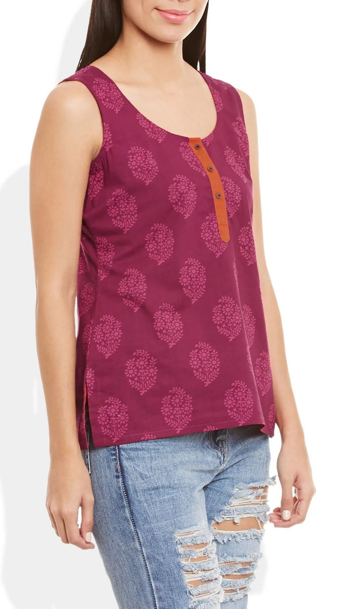 Womens Cotton Printed Short Top Kurti Sleeveless With Contrast Placket And Buttons,2X-Large,W-CST40-3118