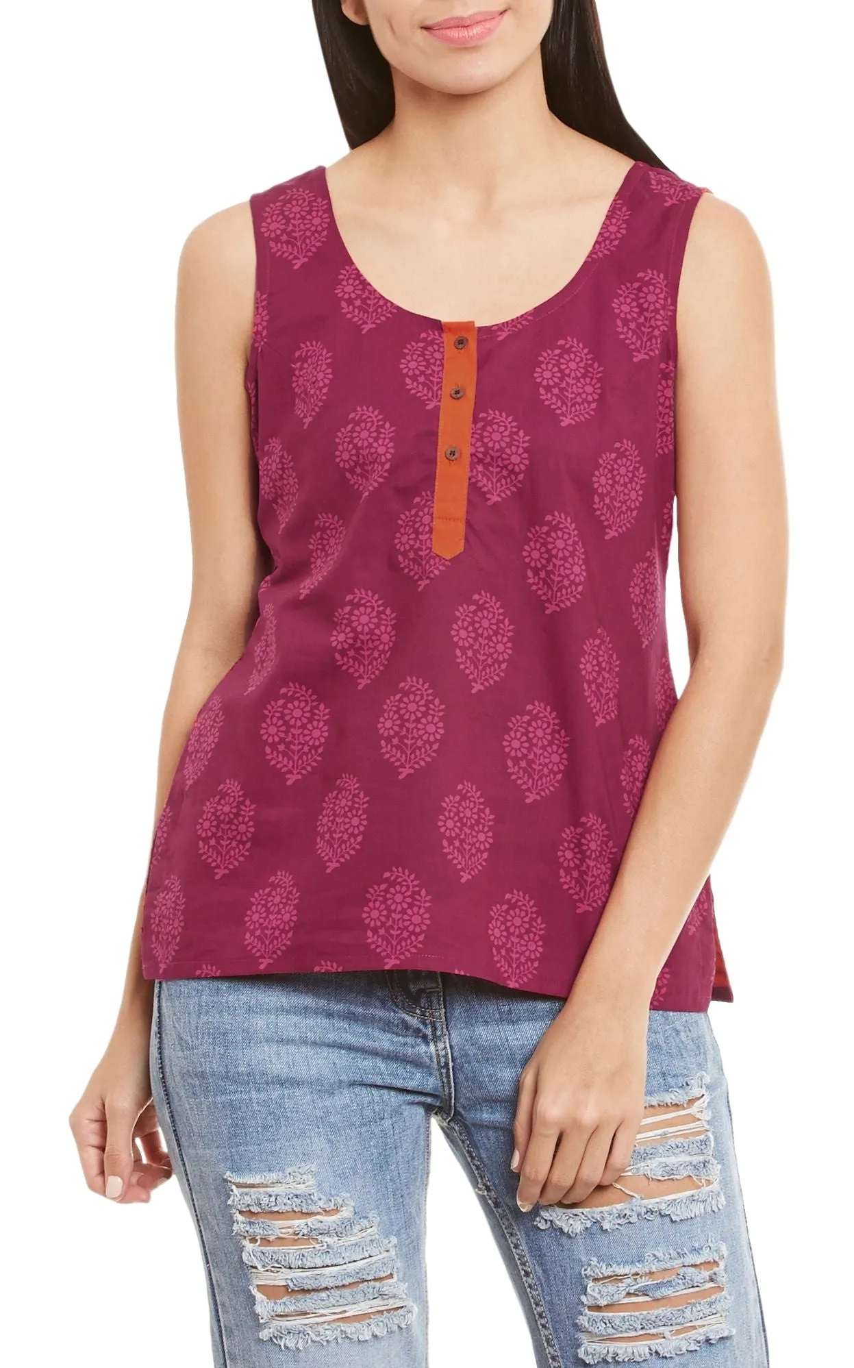 Womens Cotton Printed Short Top Kurti Sleeveless With Contrast Placket And Buttons,2X-Large,W-CST40-3118