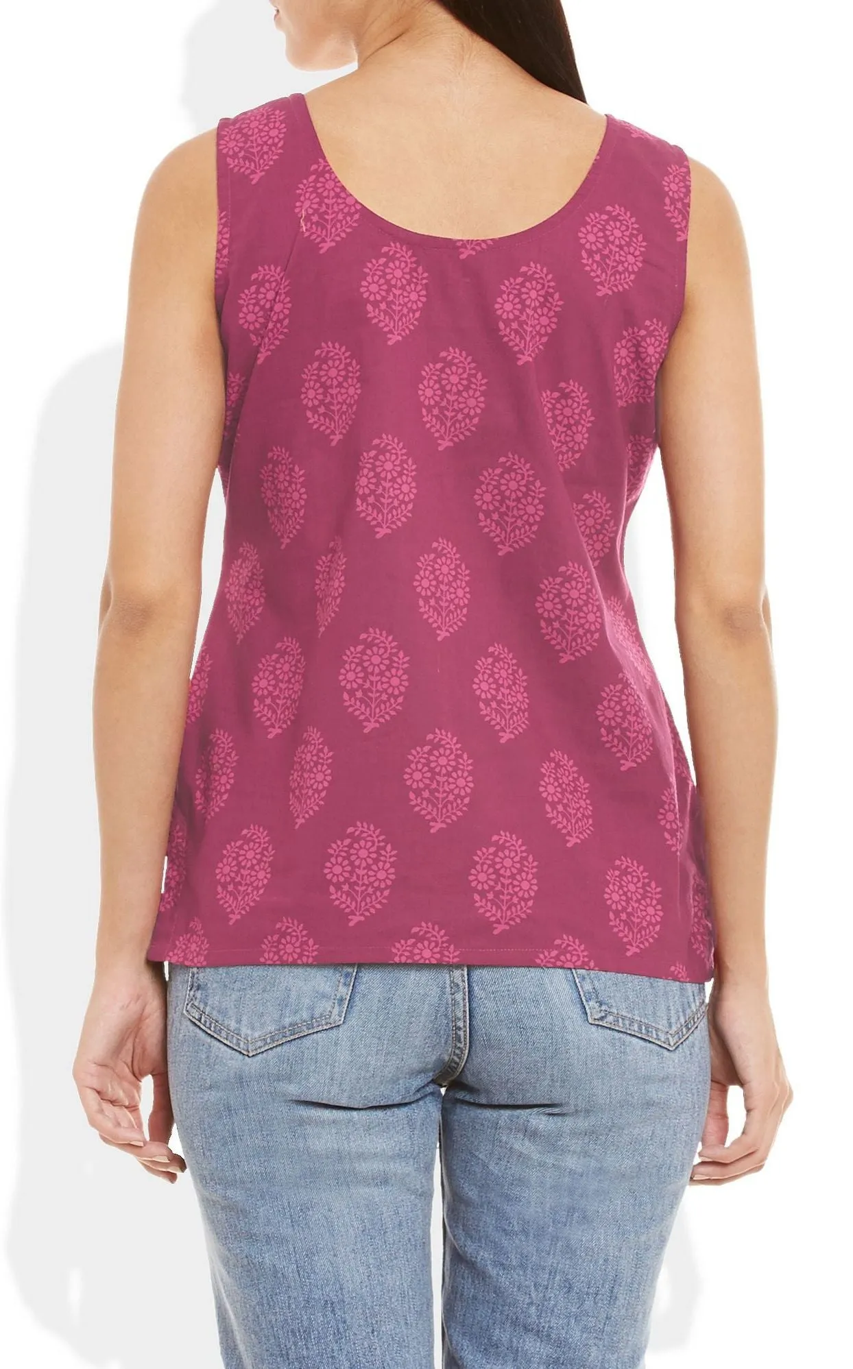 Womens Cotton Printed Short Top Kurti Sleeveless With Contrast Placket And Buttons,2X-Large,W-CST40-3118