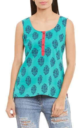 Womens Cotton Printed Short Top Kurti Sleeveless With Contrast Placket And Buttons,2X-Large,W-CST40-3132