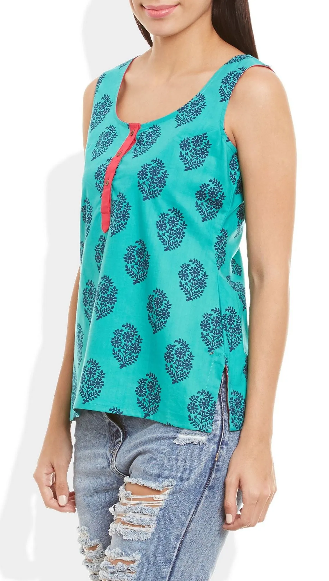 Womens Cotton Printed Short Top Kurti Sleeveless With Contrast Placket And Buttons,4X-Large,W-CST44-3132