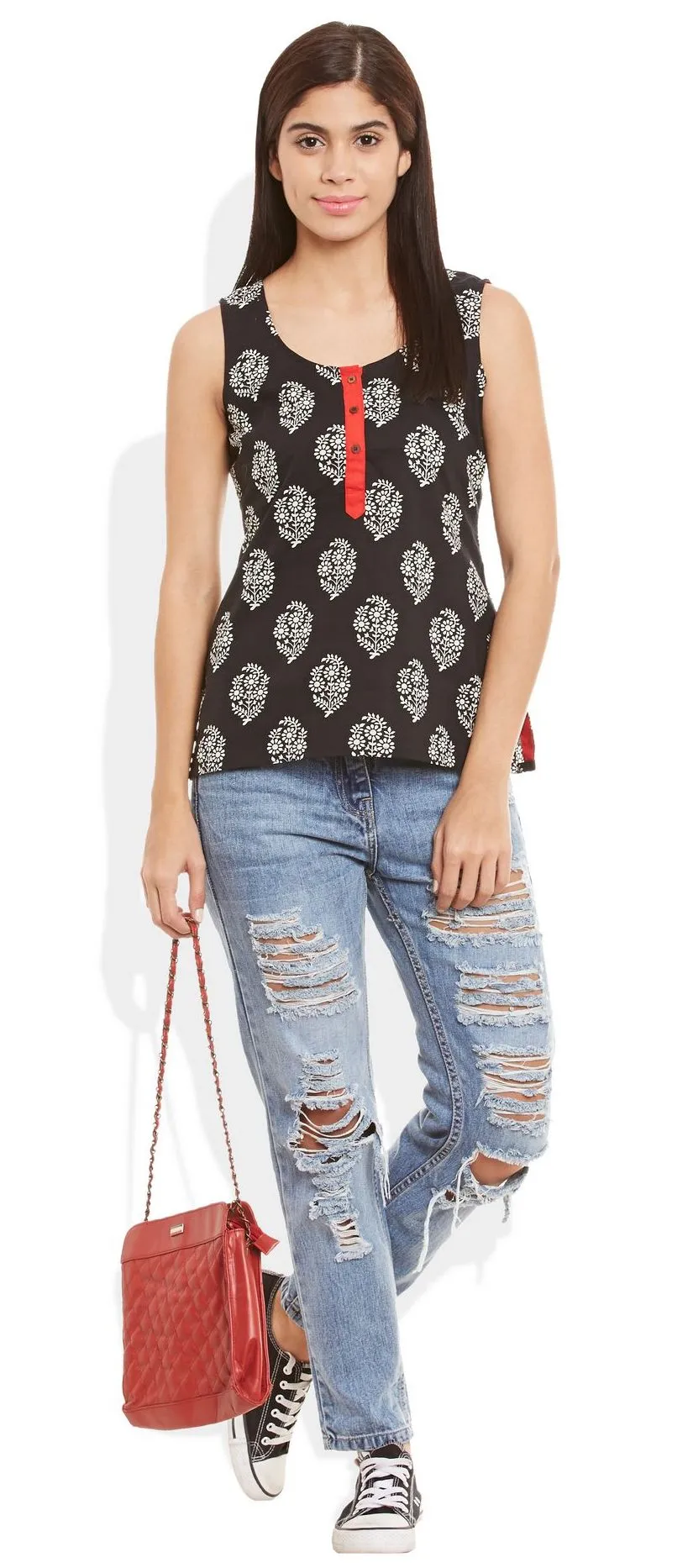 Womens Cotton Printed Short Top Kurti Sleeveless With Contrast Placket And Buttons,5X-Large,W-CST46-3121