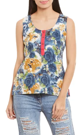 Womens Cotton Printed Short Top Kurti Sleeveless With Contrast Placket And Buttons,Large,W-CST36-3130