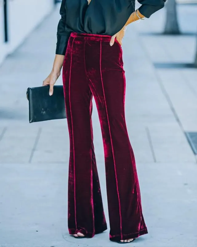 Women's High Waist Flared Velvet Trousers